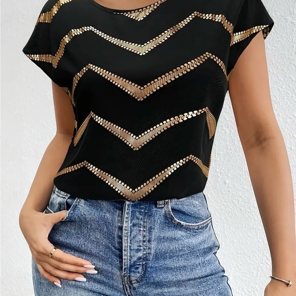 Tops - Black Short Sleeve Top with Gold Chevron Sequin Detail NWOT
